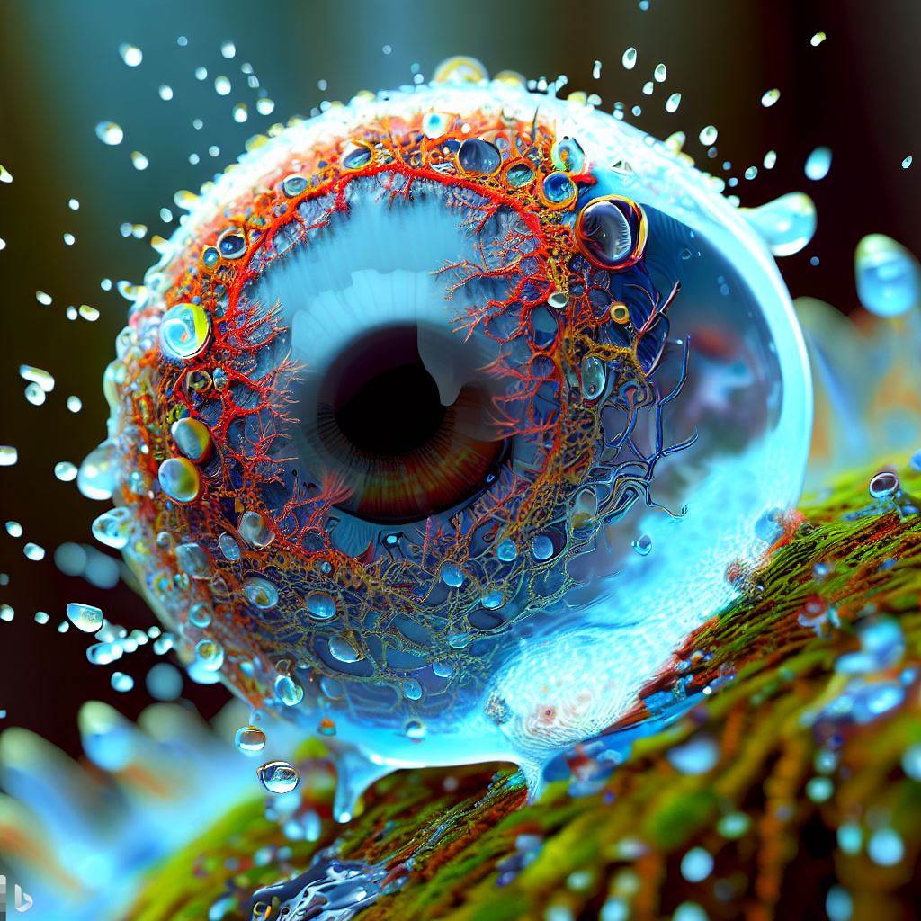 39- 3D hyper-detailed joyfully bursting spattering raindrop with lichen nano-circuitry woven into iris-stroma eye-pupil at its core, spattering wet rainforest moss synapses, mirroring recursion.jpg